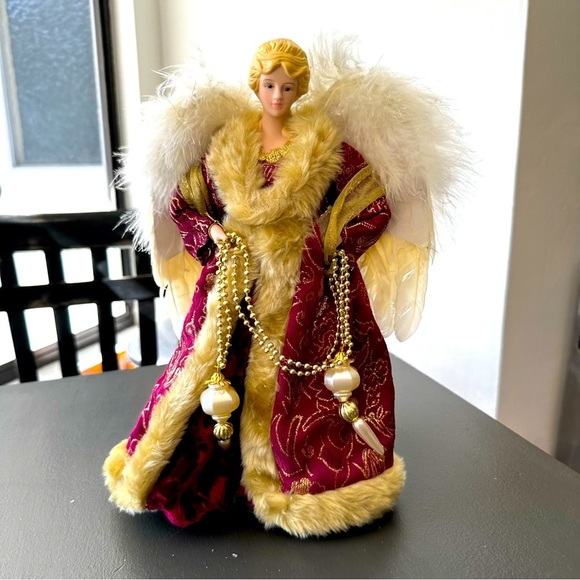 Vintage Christmas Angel Tree Topper Victorian Porcelain Red Feathers Wings Gold - Picture 1 of 13